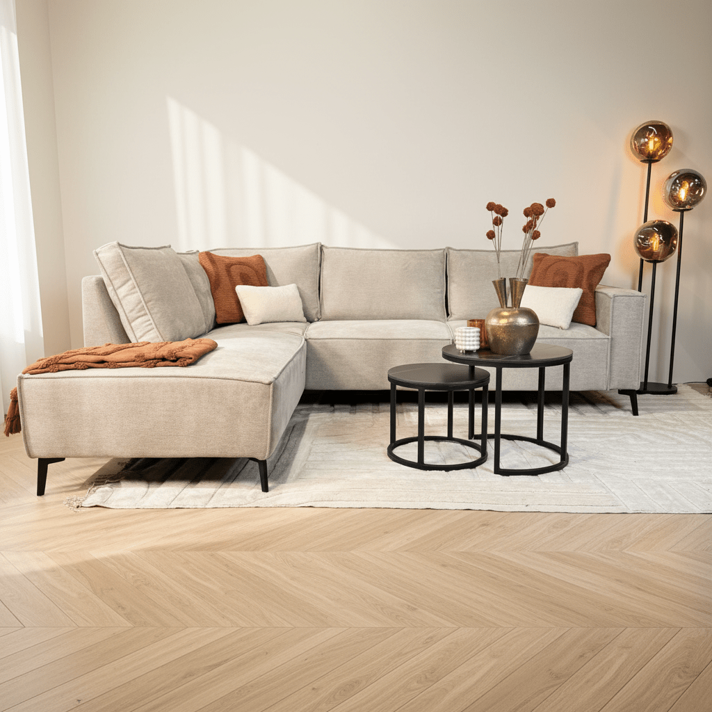 Hoekbank met chaise longue beige chenille Yara - links