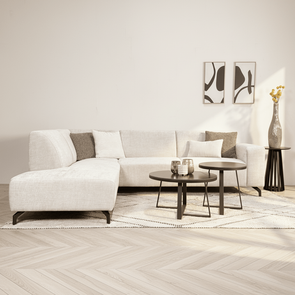 Hoekbank met chaise longue beige chenille stof Manon - links