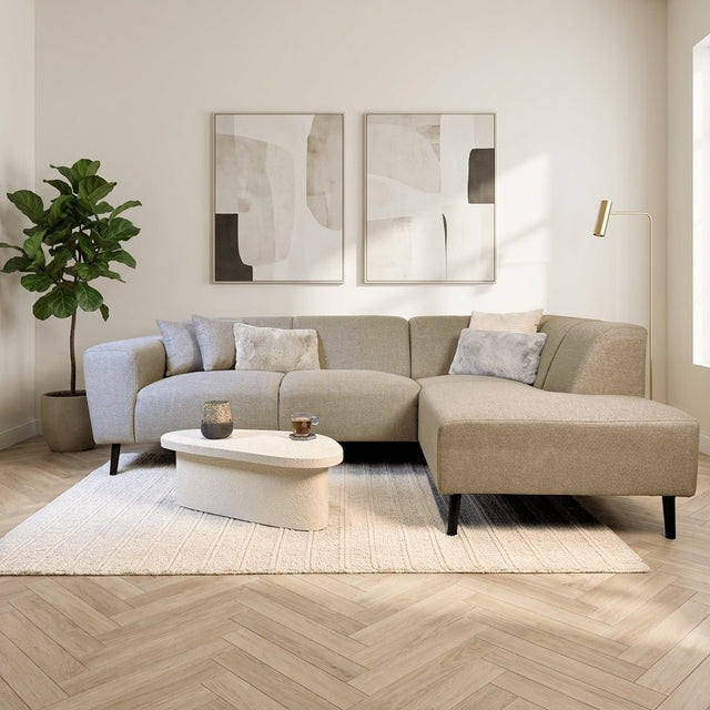 Hoekbank met compacte lounge beige gerecyclede stof Moby - rechts sfeerfoto in modern interieur