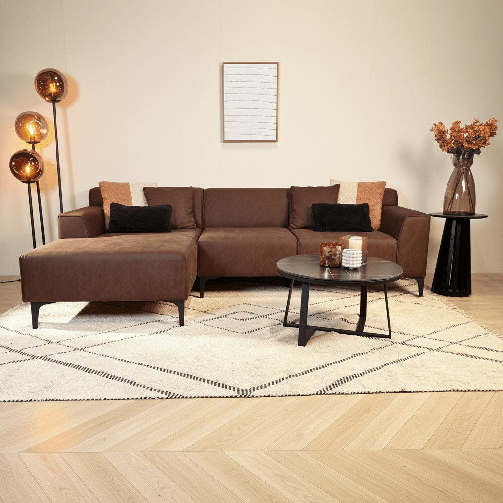 Hoekbank met compacte lounge bruin microvezel Davidson - links