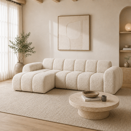 Hoekbank met lounge beige bouclé stof - strepen - links - Brix