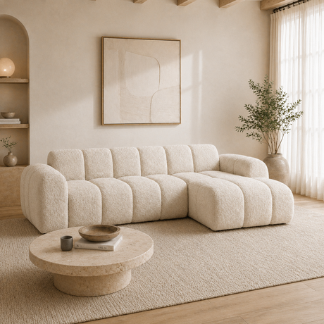 Hoekbank met lounge beige bouclé stof - strepen - rechts - Brix