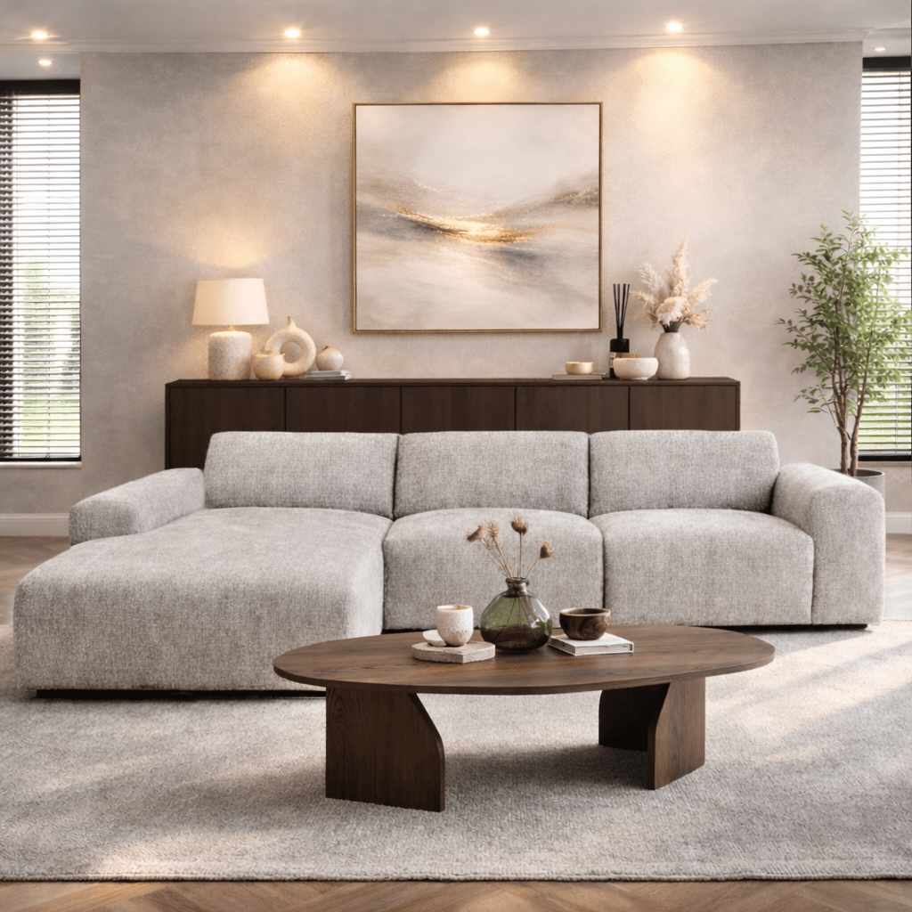 Hoekbank met lounge beige chenille stof Shane - links