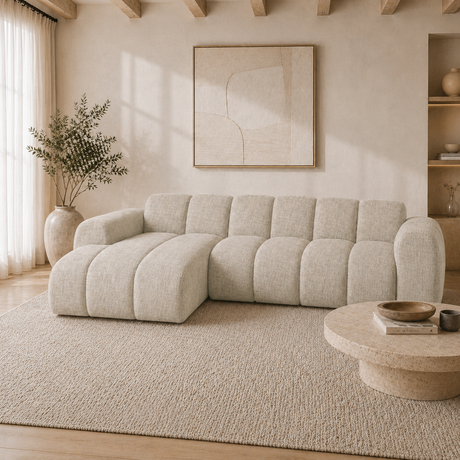 Hoekbank met lounge beige velvet structuurstof - strepen - links - Brix