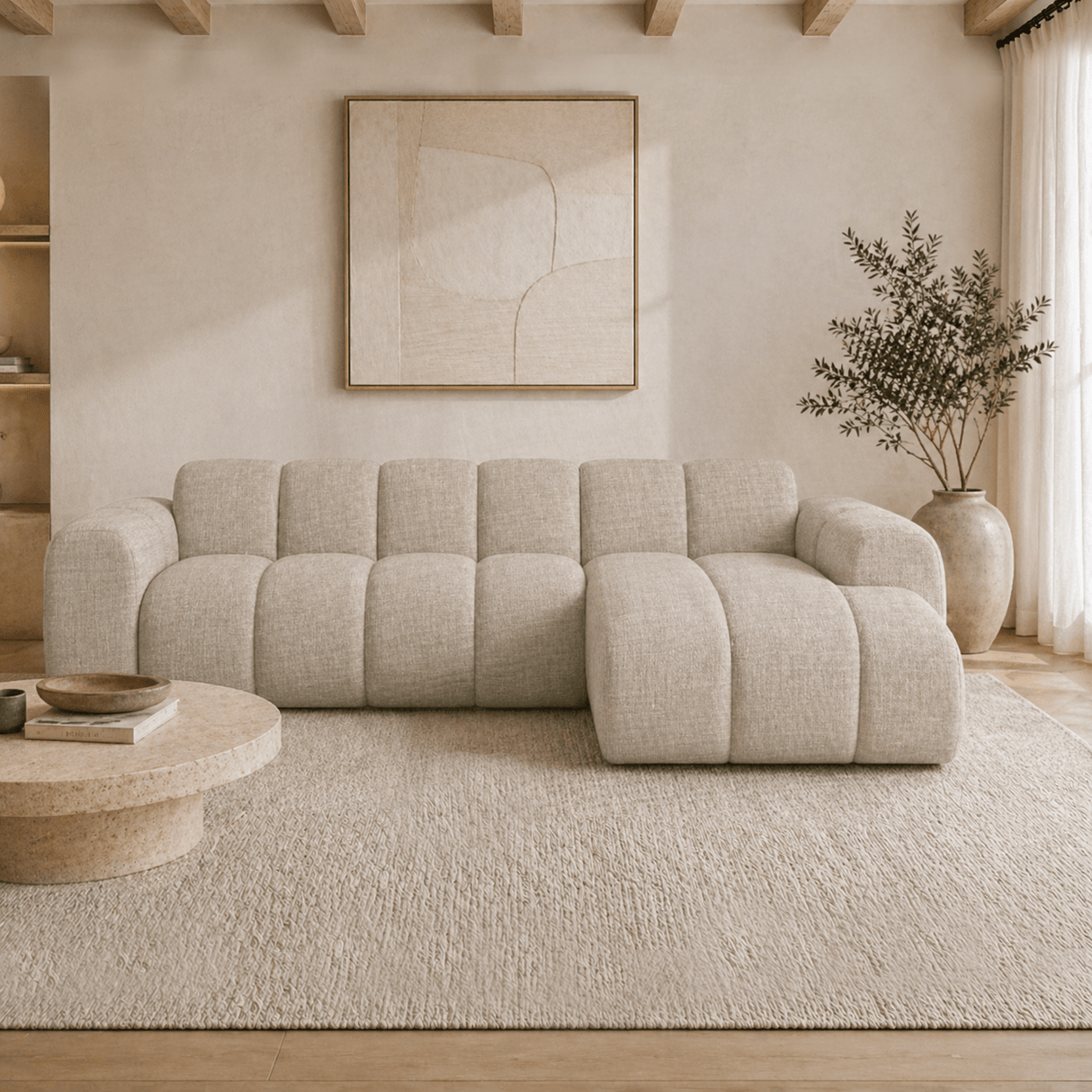 Banken-Hoekbank met lounge beige velvet structuurstof - strepen - rechts - Brix-Dimehouse