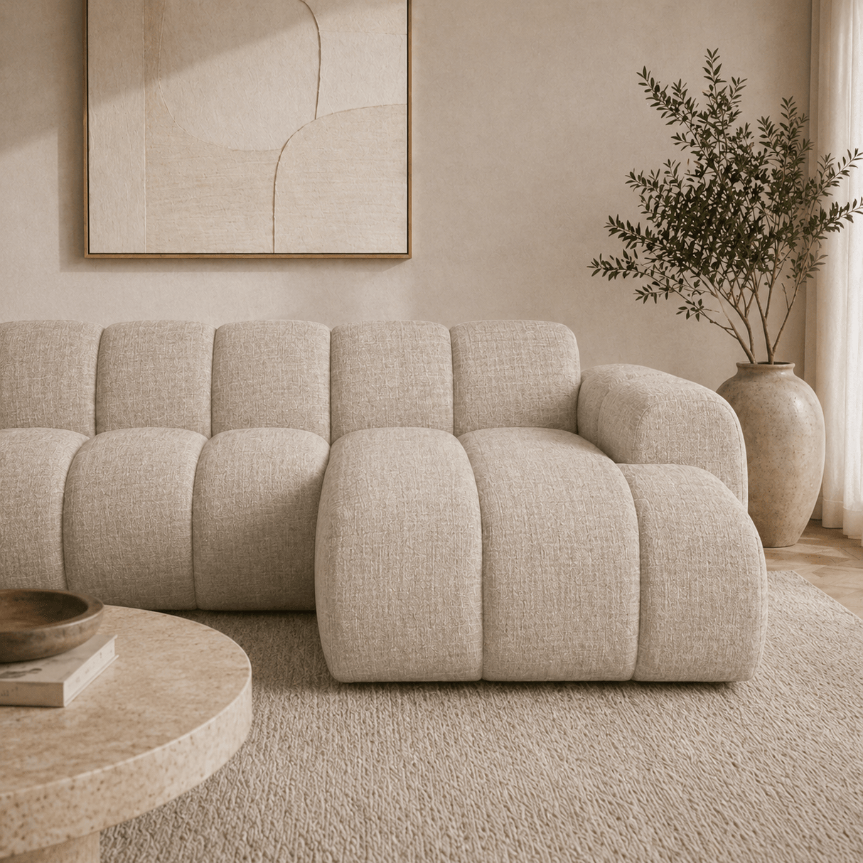 Banken-Hoekbank met lounge beige velvet structuurstof - strepen - rechts - Brix-Dimehouse