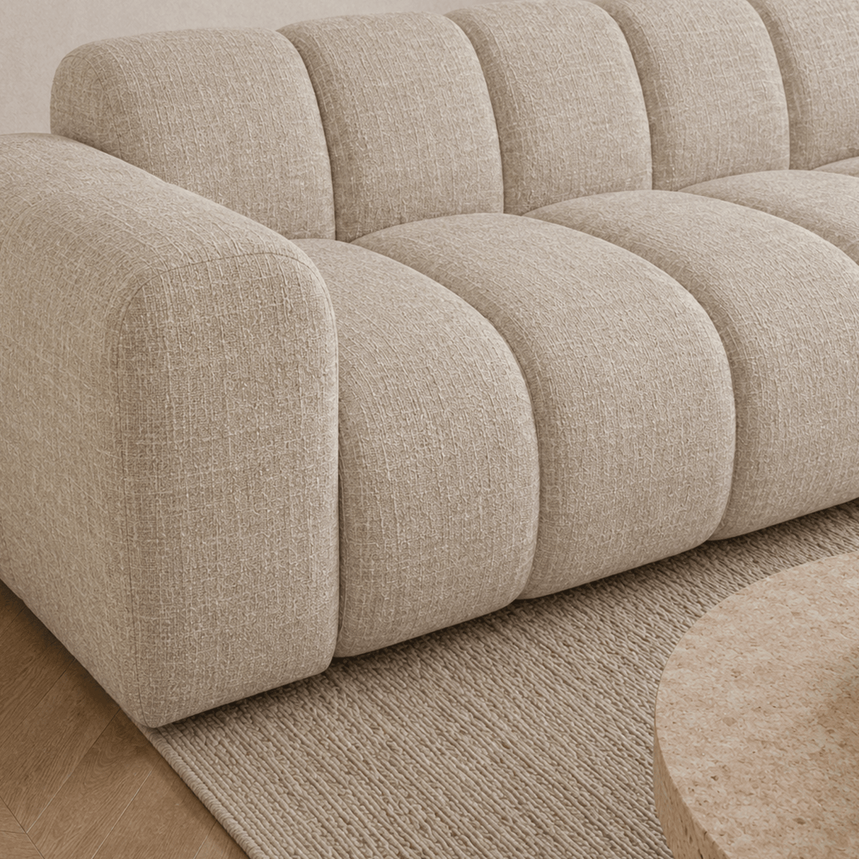 Banken-Hoekbank met lounge beige velvet structuurstof - strepen - rechts - Brix-Dimehouse