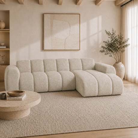 Hoekbank met lounge beige velvet structuurstof - strepen - rechts - Brix