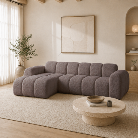 Hoekbank met lounge zacht bruin bouclé stof - strepen - links - Brix