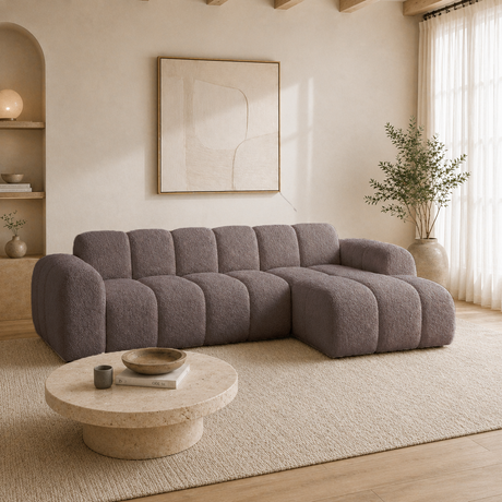 Hoekbank met lounge zacht bruin bouclé stof - strepen - rechts - Brix