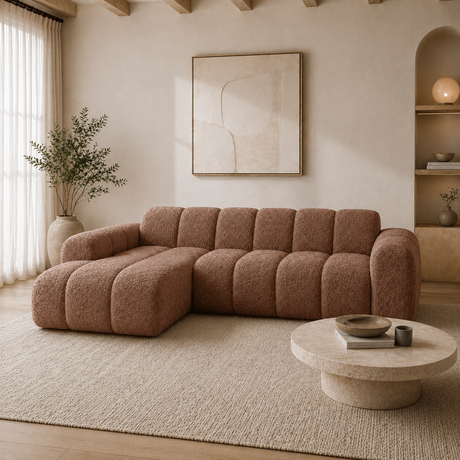 Hoekbank met lounge koper bouclé stof - strepen - links - Brix