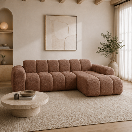 Hoekbank met lounge koper bouclé stof - strepen - rechts - Brix