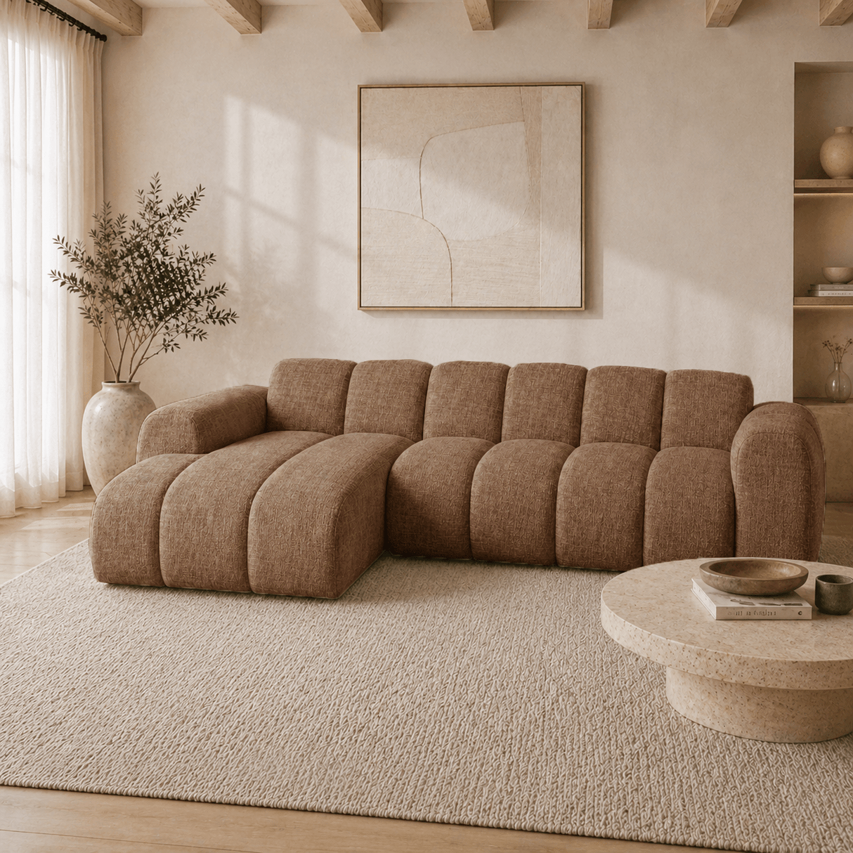 Banken-Hoekbank met lounge koper velvet structuurstof - strepen - links - Brix-Dimehouse