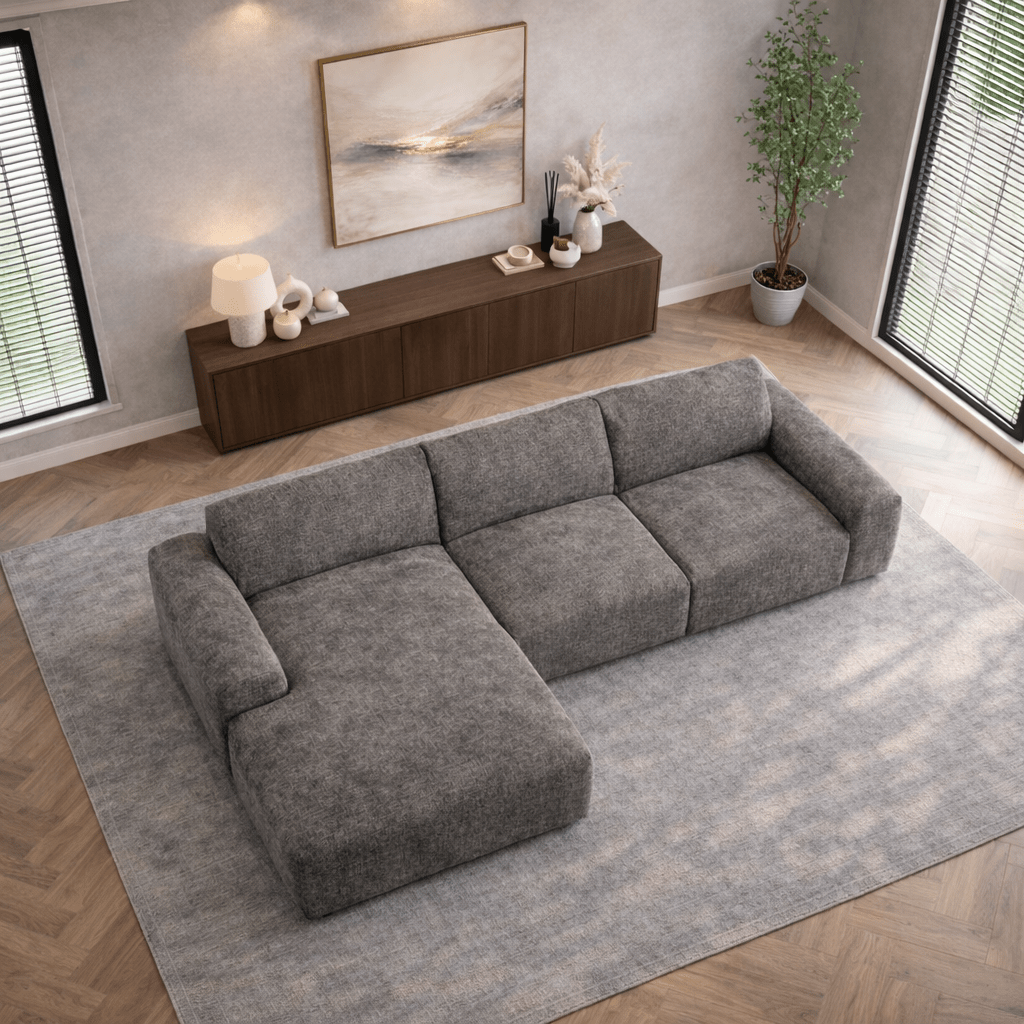Hoekbank met lounge taupe chenille stof Shane - links