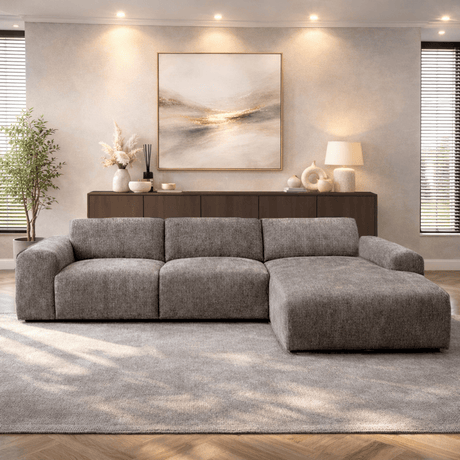 Hoekbank met lounge taupe chenille stof Shane - rechts