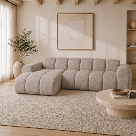 Hoekbank met lounge zand velvet structuurstof - strepen - links - Brix