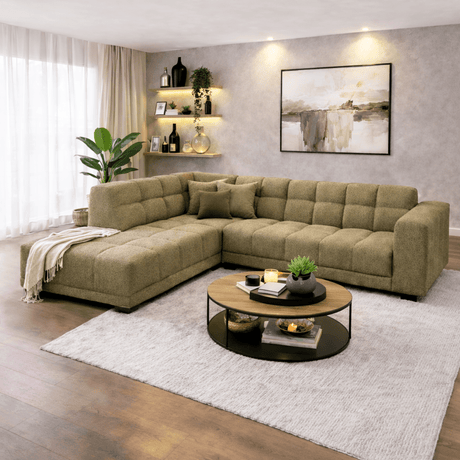 Hoekbank met lounge olijf groen bouclé stof Nova - links