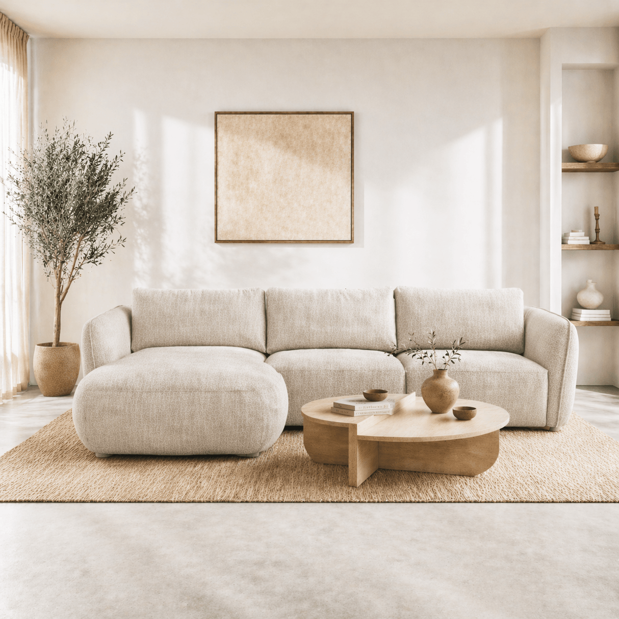 Hoekbank ronde longue beige velvet structuurstof Dwayne - links