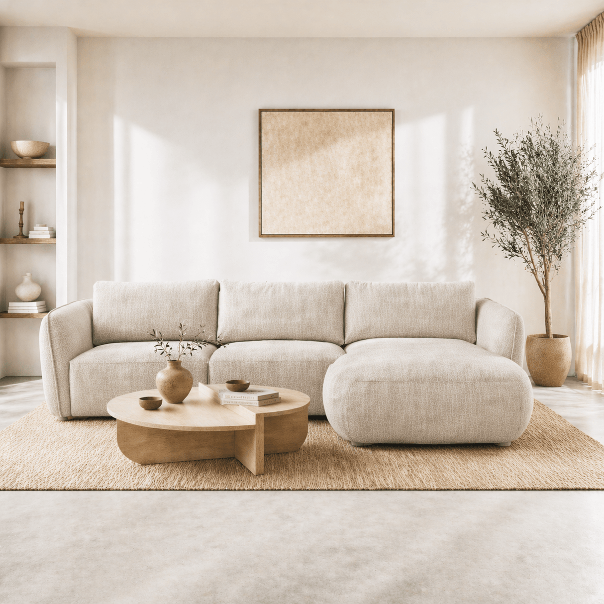 Hoekbank ronde longue beige velvet structuurstof Dwayne - rechts