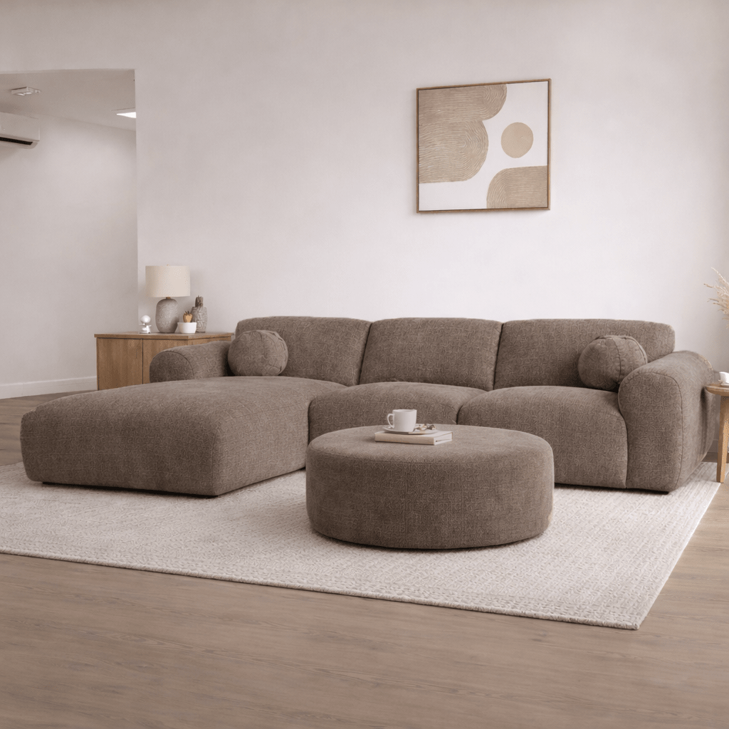 Hoekbank taupe chenille stof - 292x169 cm - Shane - links