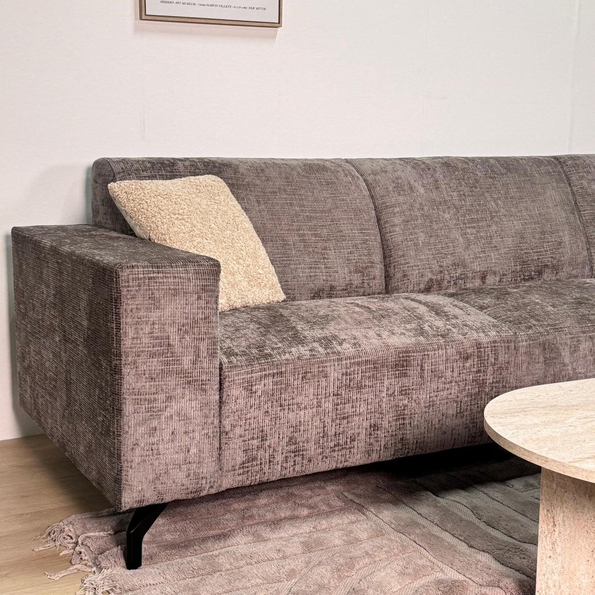 Hoekbank met chaise longue taupe chenille stof Manon - rechts