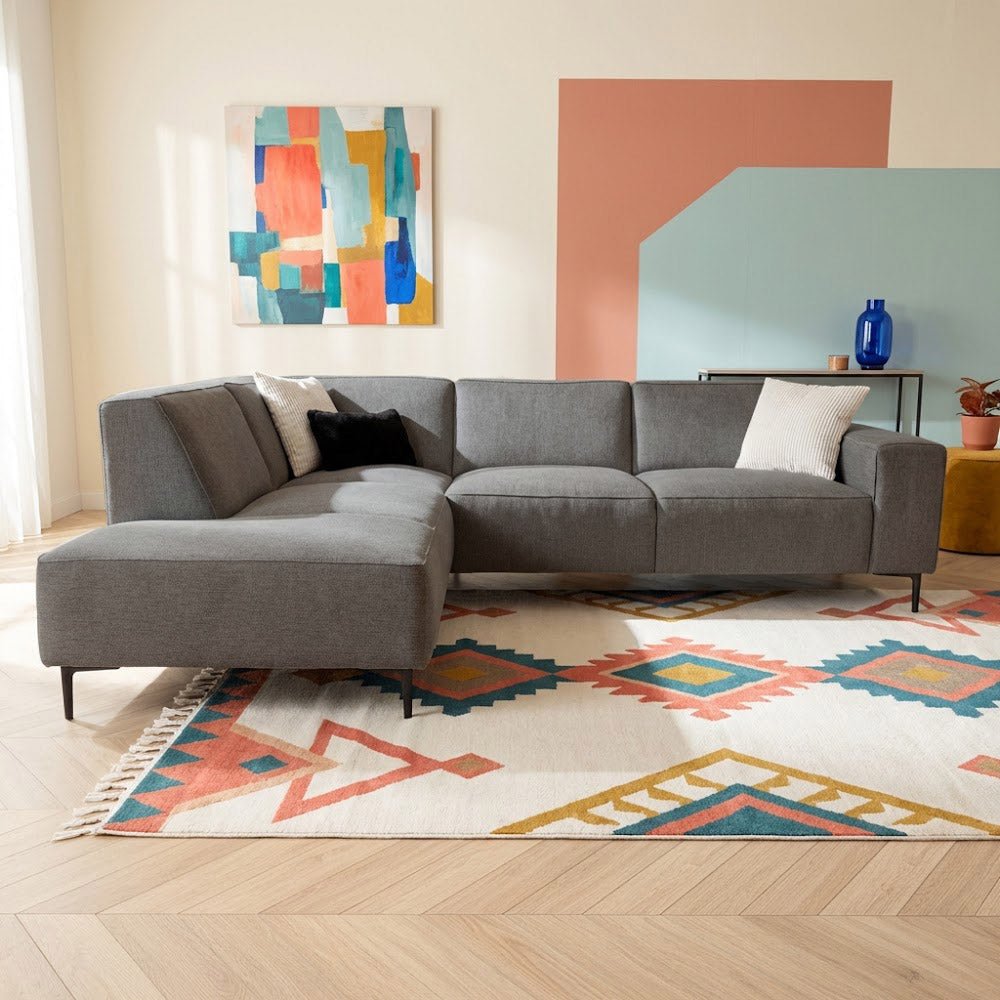 Hoekbank taupe chenille gemêleerd Ravi – links