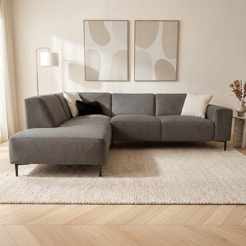 Hoekbank taupe chenille gemêleerd Ravi – links