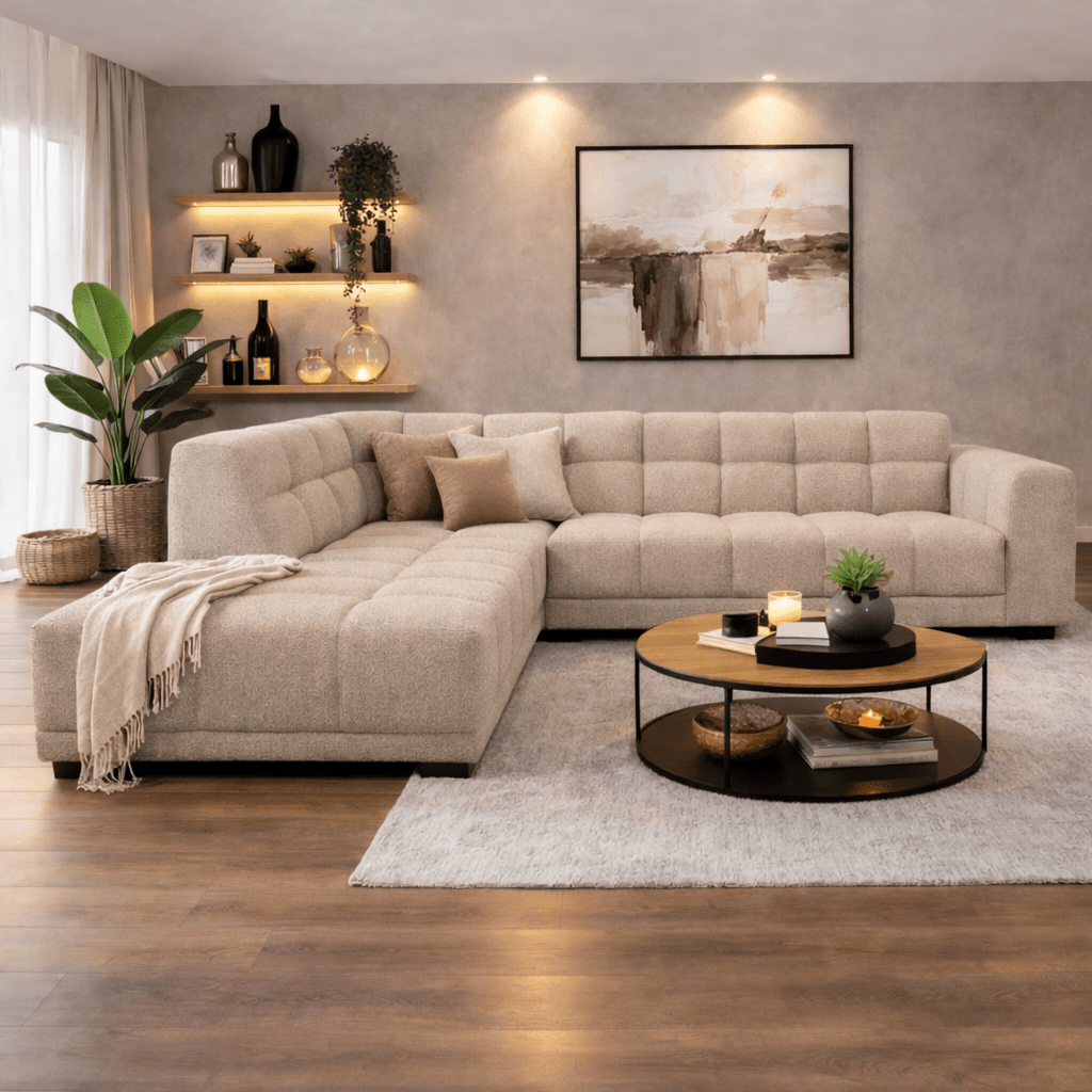 Hoekbank met lounge beige bouclé stof Nova - links