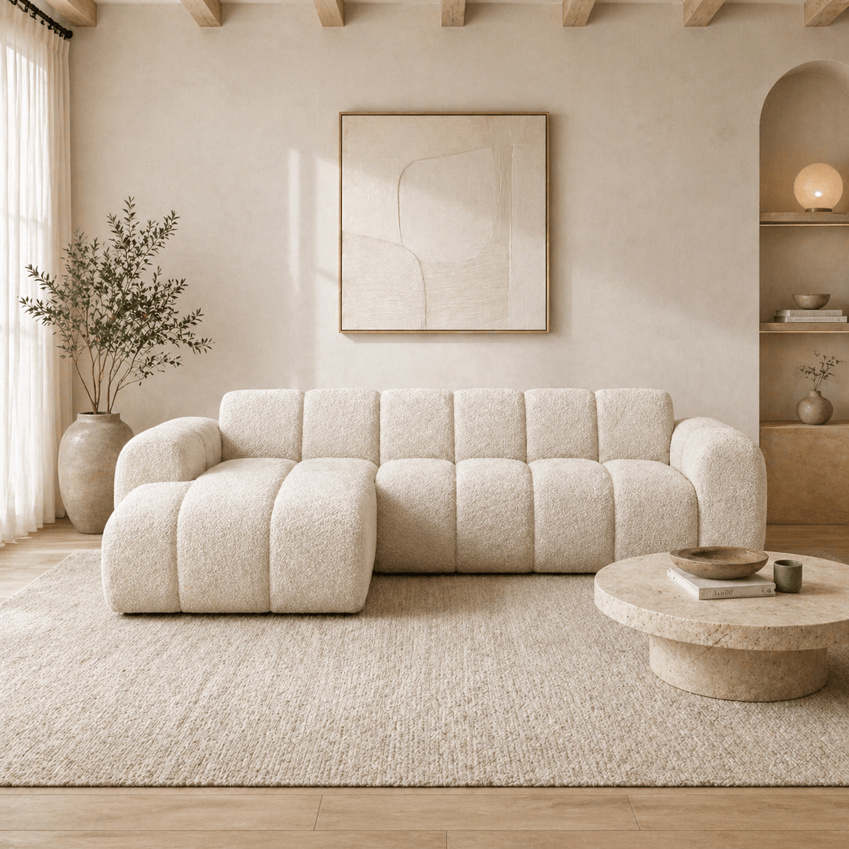 Hoekbank met lounge beige bouclé stof - strepen - links - Brix