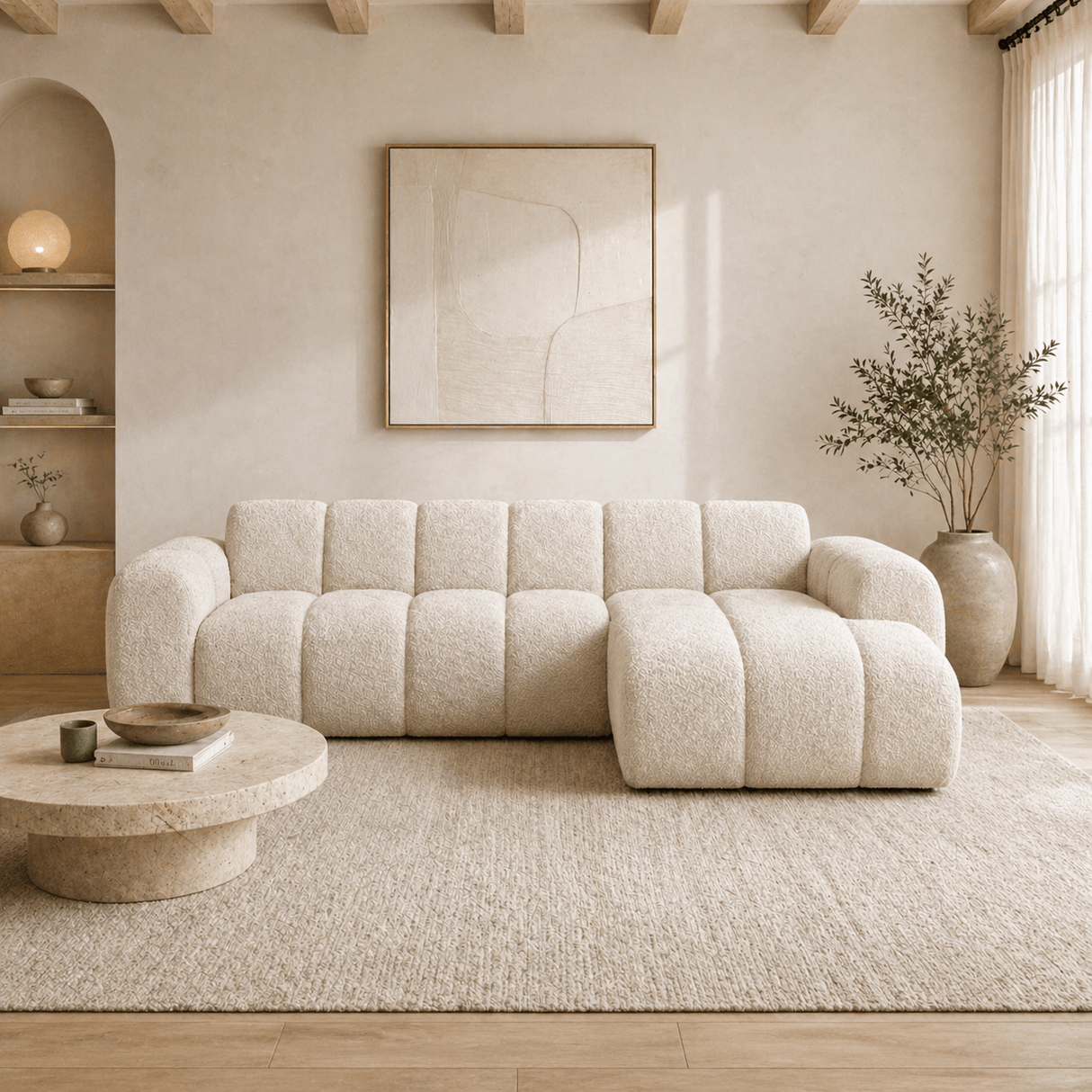 Hoekbank met lounge beige bouclé stof - strepen - rechts - Brix