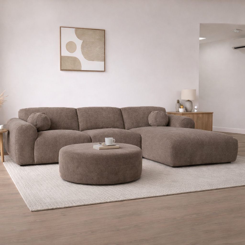 Hoekbank taupe chenille stof met lounge Shane - rechts