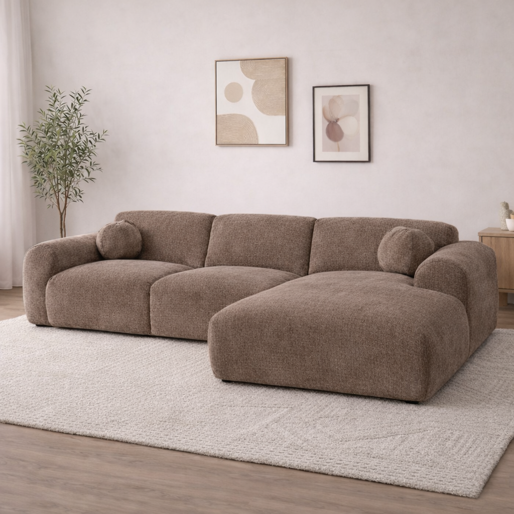 Hoekbank taupe chenille stof met lounge Shane - rechts