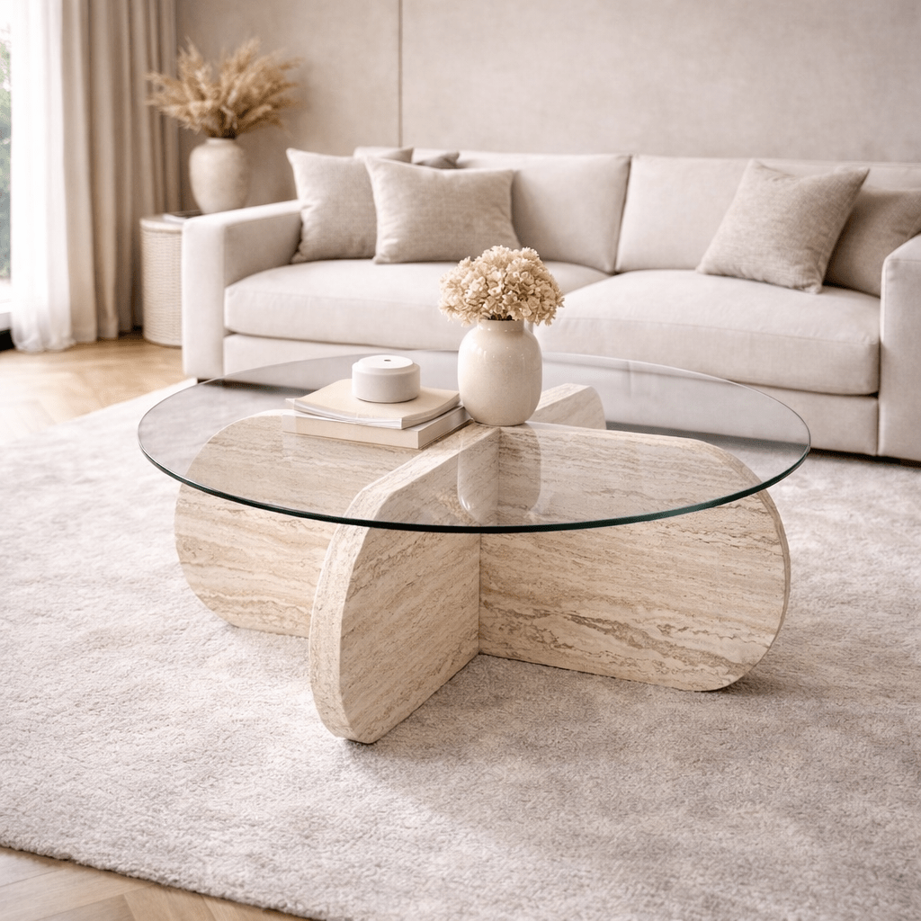 Ronde salontafel Aris travertin melamine en transparant glas 75 cm ...