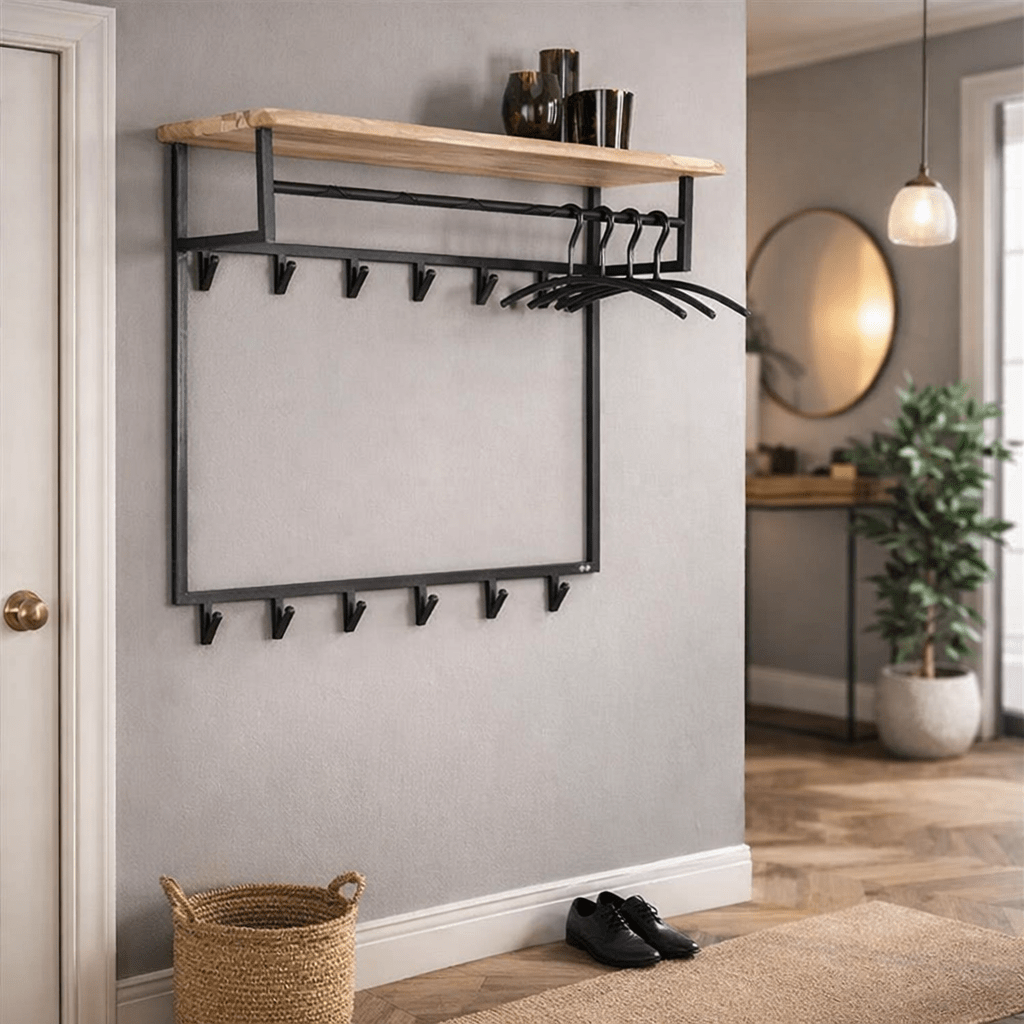 Industriële Kapstok Metaal met Acaciahout 12 Haken 100x80cm - Teun