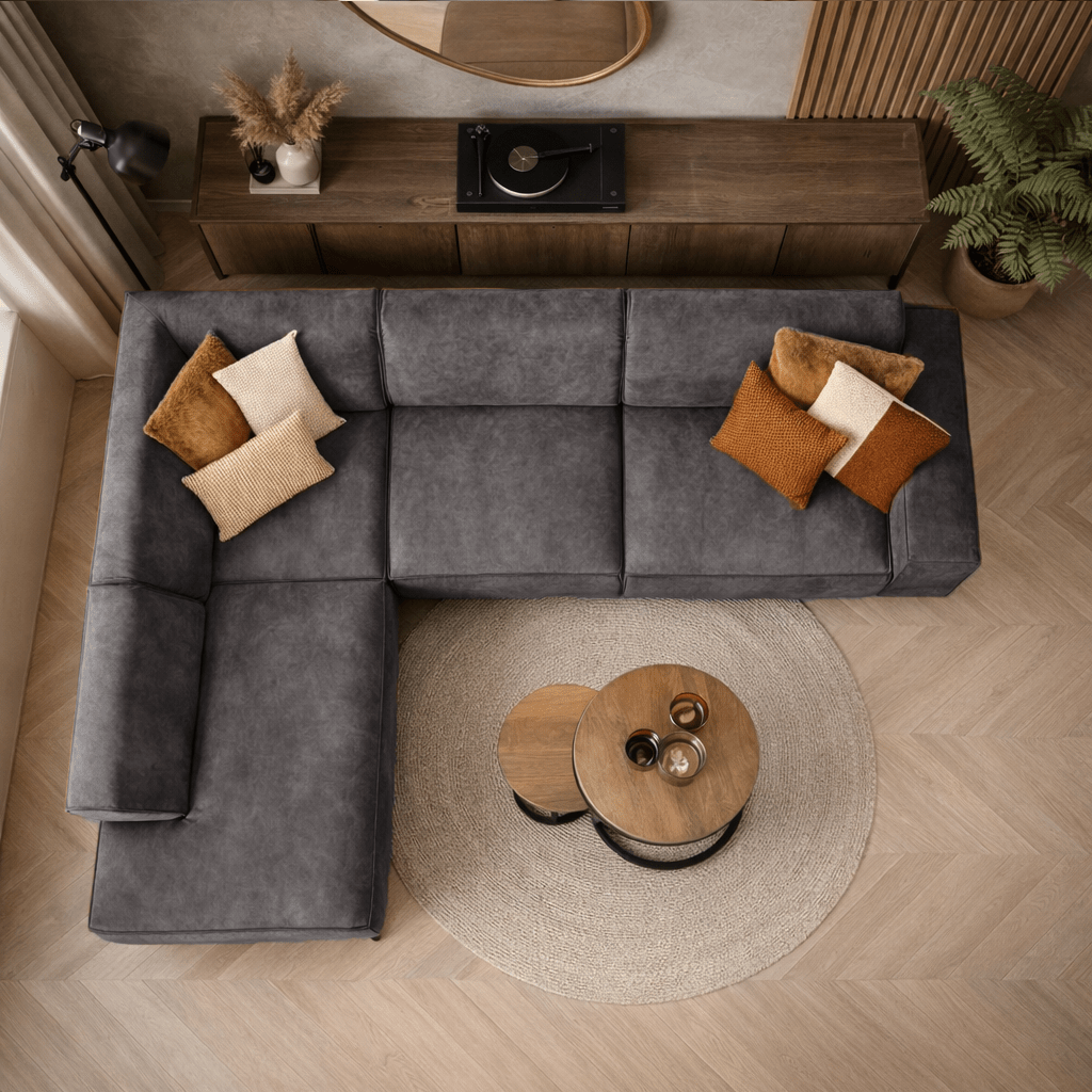 Industriële hoekbank antraciet eco-leer Brisbane - links