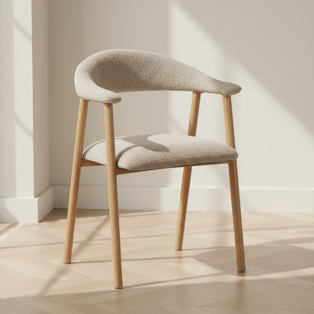 Japandi Eetkamerstoel Zandkleur Bouclé Suki - Eikenlook Frame - Met Armleuning