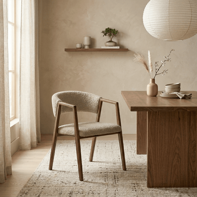 Eetkamerstoelen - Japandi eetkamerstoel zandkleur bouclé Kyo - walnoot frame - met armleuning - Dimehouse