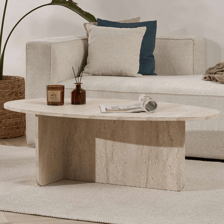 Salontafels - Kiezelvormige salontafel Travertin Japandi - 120 x 60 cm - Baro - Dimehouse
