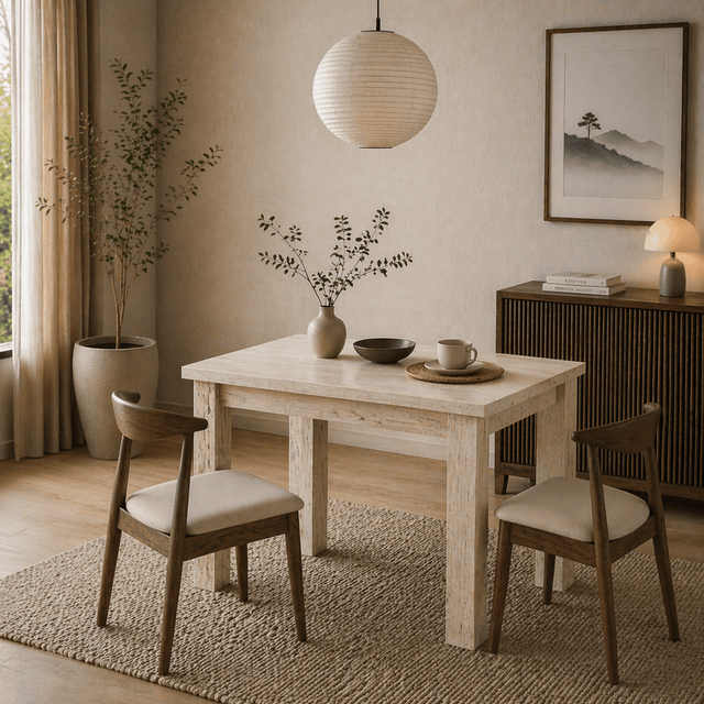 Eettafels - Kleine eettafel Travertin Melamine - 110 cm - met opbergruimte - Kara - Dimehouse