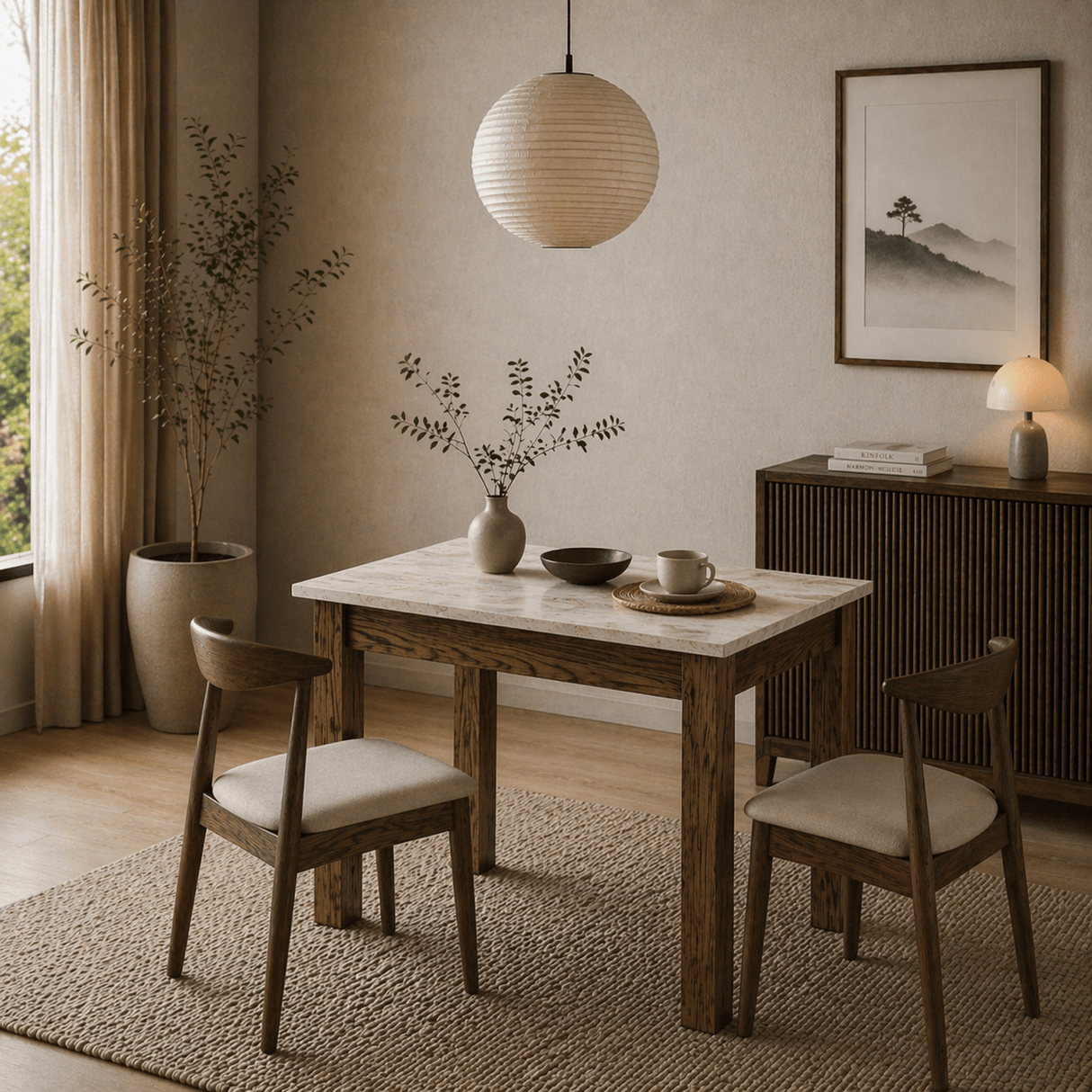 Eettafels - Kleine eettafel Walnoot met Marmer Melamine - 110 cm - met opbergruimte - Kara - Dimehouse