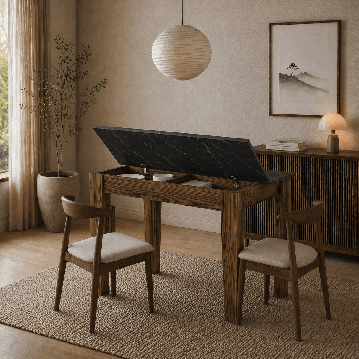 Eettafels - Kleine eettafel Walnoot met zwart Melamine - 110 cm - met opbergruimte - Kara - Dimehouse