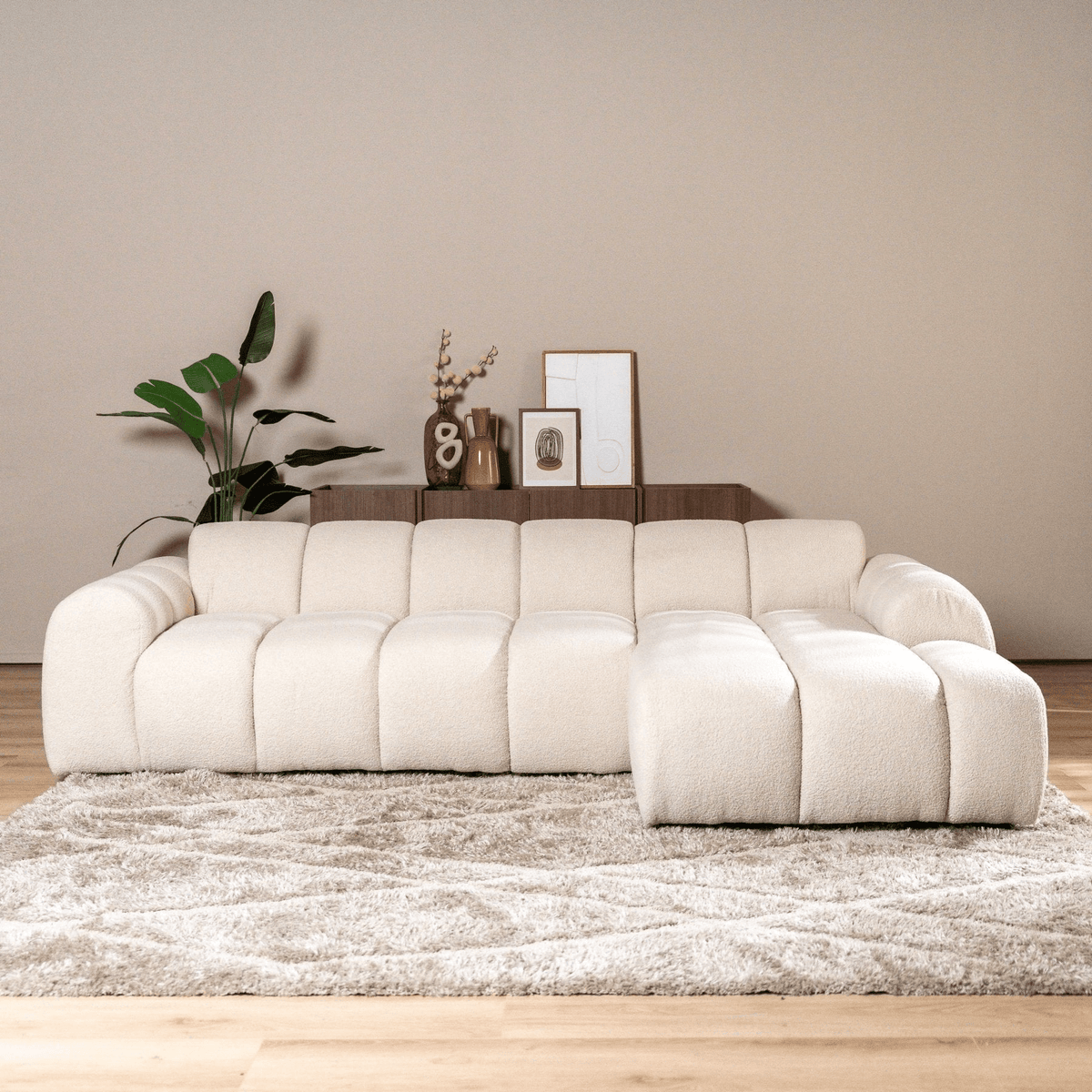 Banken-Hoekbank met lounge beige bouclé stof - strepen - rechts - Brix-Dimehouse