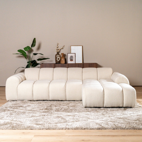 Hoekbank met lounge beige bouclé stof - strepen - rechts - Brix