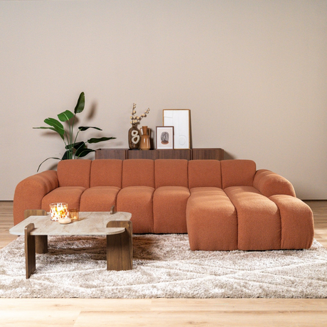 Hoekbank met lounge koper bouclé stof - strepen - rechts - Brix