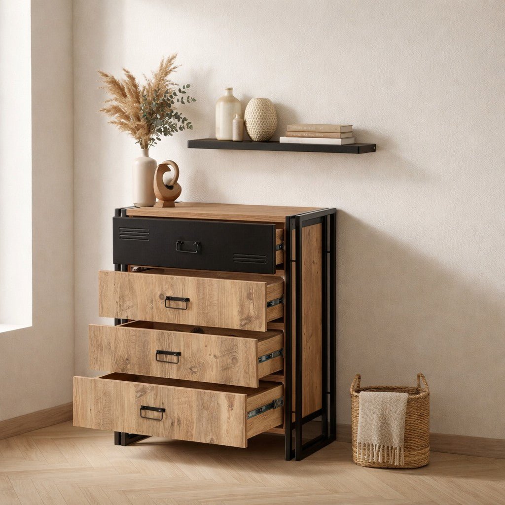 Ladekast Cosmo Atlantisch Dennenhout Zwart Melamine