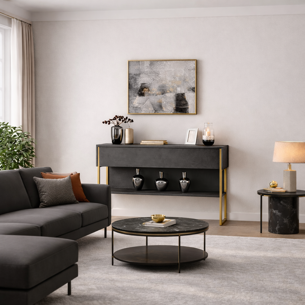 Modern Dressoir Antraciet Luxe 120x80x30 - Gouden Frame - Eén Vak