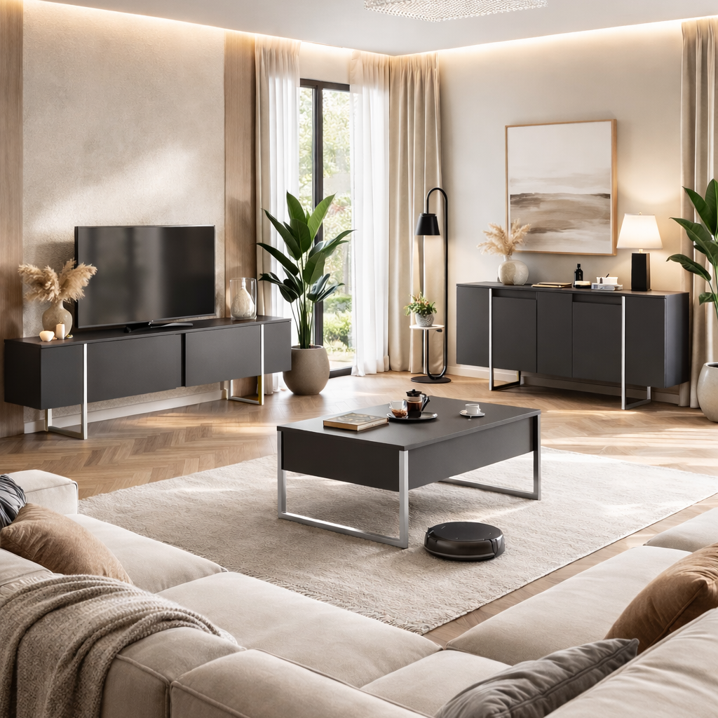 Modern Dressoir Antraciet Luxe 160x80x35 - Zilver Frame