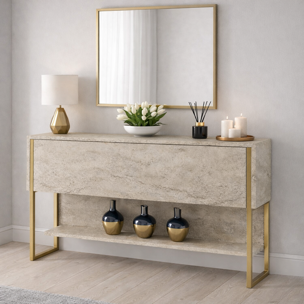Modern Dressoir Travertijn Luxe 120x80x30 - Gouden Frame - Eén Vak