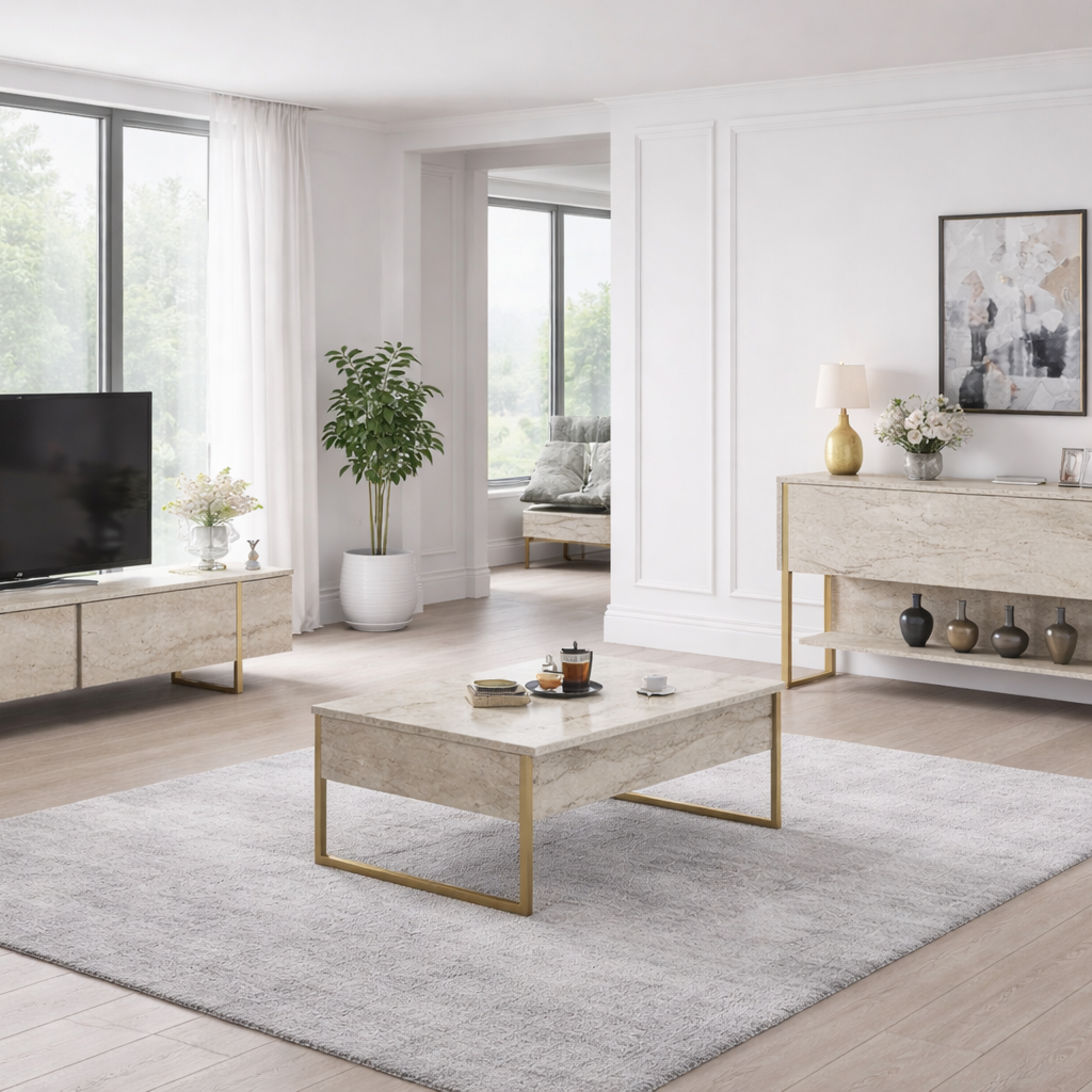 Modern Dressoir Travertijn Luxe 120x80x30 - Gouden Frame - Eén Vak