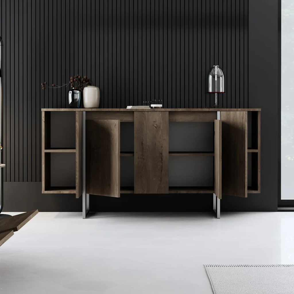 Modern Dressoir Walnoot Luxe 160x80x35 - Zilver Frame